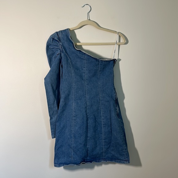 GRLFRND Ellie One Shoulder Stretch Denim Dress - Small S Puff Sleeve Mini Summer - Picture 4 of 8